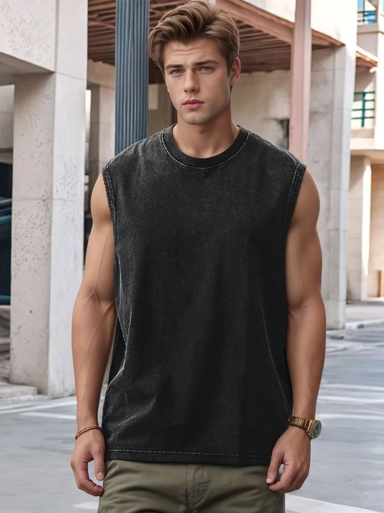 Summer Men's Washed Cotton Tank Tops Muscle Gym
